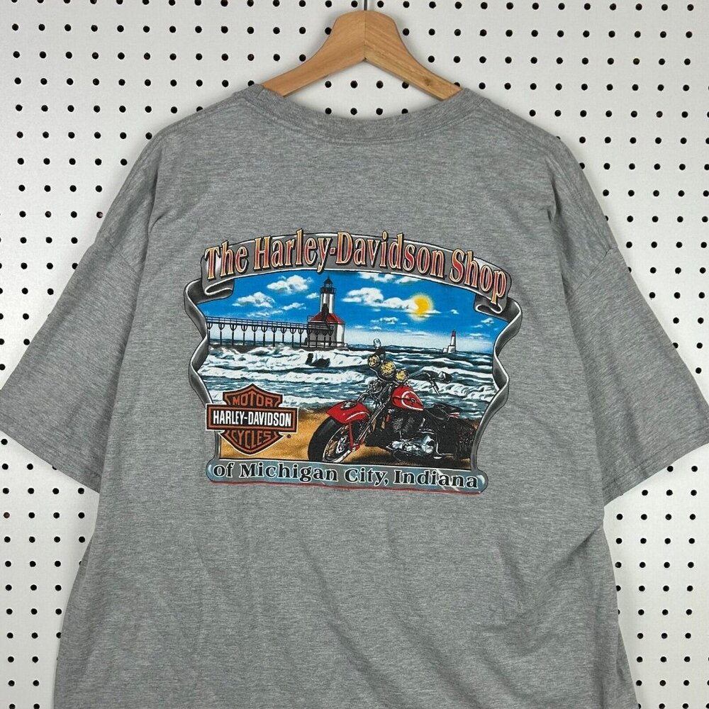 Harley Davidson Motorcycle Biker TShirt XL Gray Michigan City Indiana Lighthouse